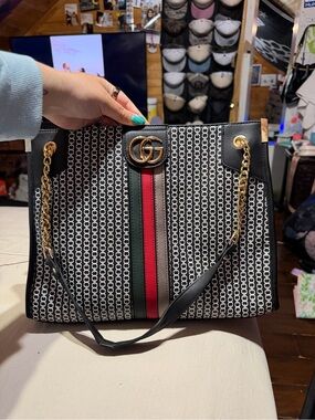 Designer-Style Black & Beige Chain Tote with Red and Green Stripe